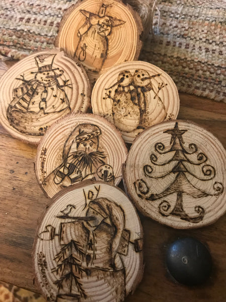 Wood burned ornaments